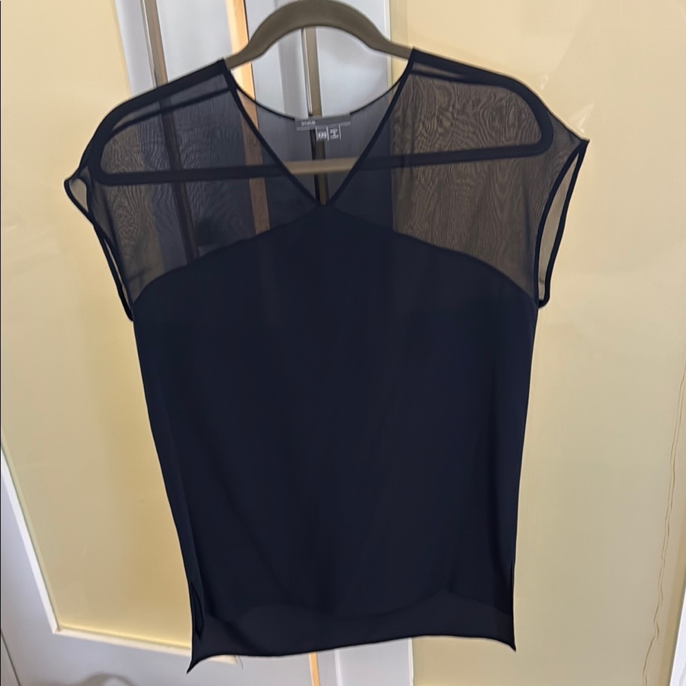 Vince 100% silk dark blue black shirt with sheer top XXS